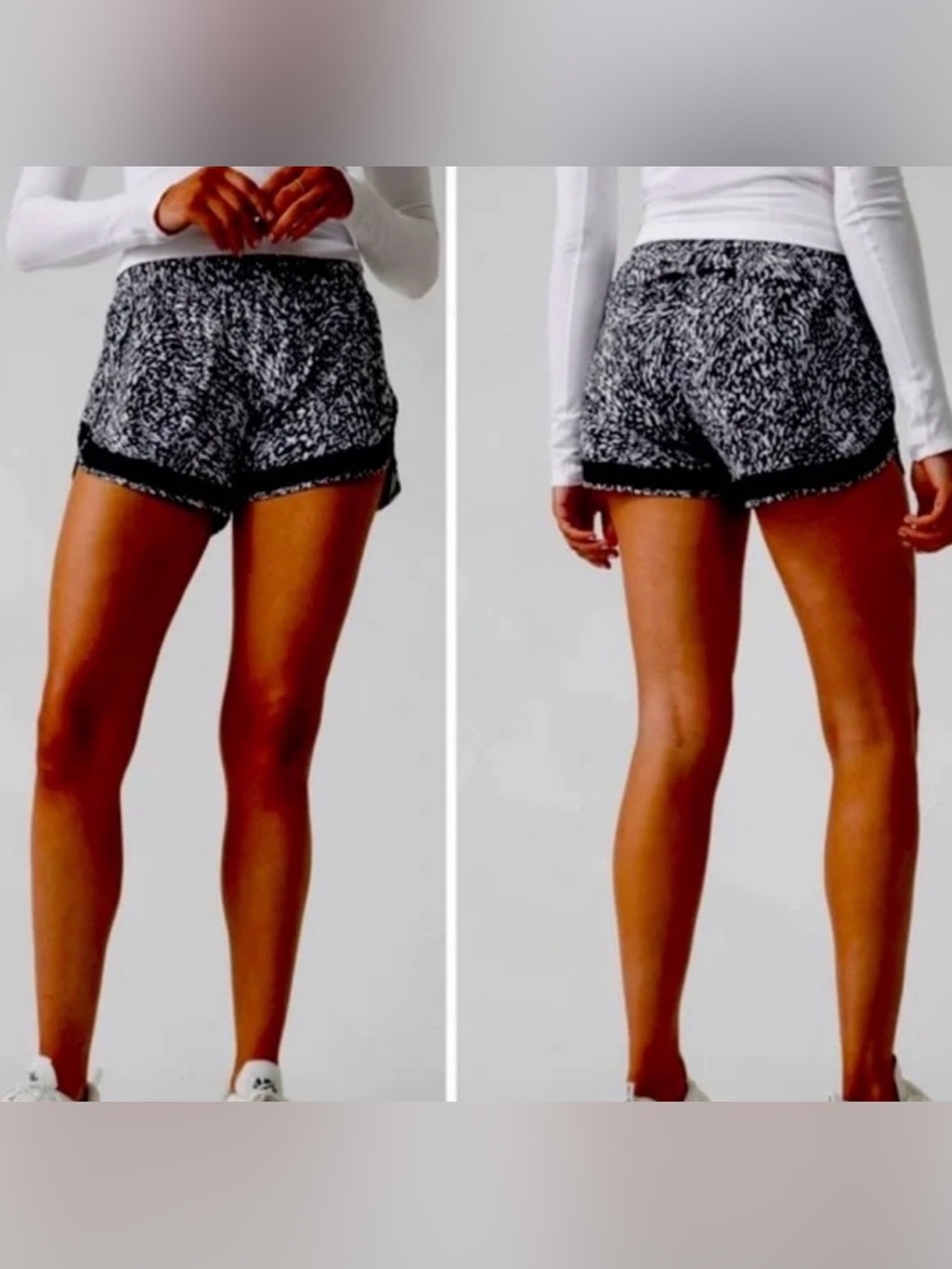 Athleta Black and White Printed Mesh Racer Run 4 Athletic Shorts